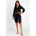 Satin Lace Details Long Sleeve Hooded Crop Top & Biker Short Set