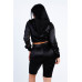 Satin Lace Details Long Sleeve Hooded Crop Top & Biker Short Set