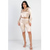 Satin Lace Details Long Sleeve Hooded Crop Top & Biker Short Set