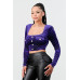 Lux Diamon Velvet Buttons Open Back Square Neck Long Sleeves Cropped Top
