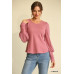Solid Knit And Chiffon Mixed Top With Puff Long Sleeve