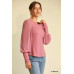 Solid Knit And Chiffon Mixed Top With Puff Long Sleeve