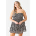 Plus Floral Print Ruched Ruffle Smocked Back Top & High Waist Flare Hem Mini Skirt Set