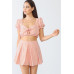 White & Orange Stripe Print Self-tie Short Sleeve Crop Top & High Waist Shorts Set
