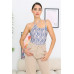 Cream & Blue Wave Print Mesh Asymmetrical Neck Self-tie Strap Bodysuit