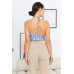 Cream & Blue Wave Print Mesh Asymmetrical Neck Self-tie Strap Bodysuit