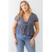 Plus Denim Blue Ribbed U-shape Neck Flare Hem Tie Top