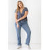 Plus Denim Blue Ribbed U-shape Neck Flare Hem Tie Top
