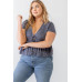 Plus Denim Blue Ribbed U-shape Neck Flare Hem Tie Top