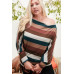 Boat Neck Long Bubble Sleeve Multi Stripe Print Knit Top