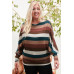 Boat Neck Long Bubble Sleeve Multi Stripe Print Knit Top