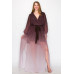 Ombre Chiffon Wrap Front Long Sleeve Tie Waist Slit Front Maxi Dress