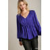 Satin V-neck Ruffle Baby Doll Top With Cuffed Long Sleeve