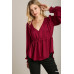 Satin V-neck Ruffle Baby Doll Top With Cuffed Long Sleeve