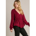 Satin V-neck Ruffle Baby Doll Top With Cuffed Long Sleeve