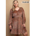 Printed Velvet V-neck Dress With Button Front Detail