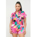 Satin Dolman Print Button Down Top And Shorts Set
