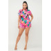 Satin Dolman Print Button Down Top And Shorts Set