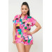 Satin Dolman Print Button Down Top And Shorts Set