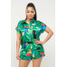 Satin Dolman Print Button Down Top And Shorts Set