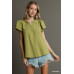 Boxy Cut Faux Button Ruffle Neckline Top With Short Layered Sleeves
