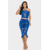 Tropical Waters Print Mesh Ruffle Halter Skirt Set