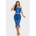 Tropical Waters Print Mesh Ruffle Halter Skirt Set