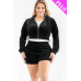 Plus Size Velour Crop Zip Up Hoodie And Shorts Set