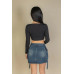 Solid Rib Knit Square Neck Long Sleeve Top