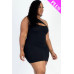 Plus Size Ribbed One Shoulder Cutout Front Casual Mini Bodycon Dress