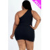 Plus Size Ribbed One Shoulder Cutout Front Casual Mini Bodycon Dress