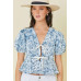 Denim Embroidered Crop Top With Front Tie Detail