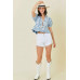 Denim Embroidered Crop Top With Front Tie Detail