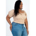Plus size casual ruched puff sleeve ribbed knit solid top