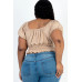 Plus size casual ruched puff sleeve ribbed knit solid top