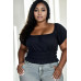 Plus size casual ruched puff sleeve ribbed knit solid top