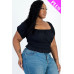 Plus size casual ruched puff sleeve ribbed knit solid top