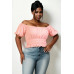 Plus size casual ruched puff sleeve ribbed knit solid top