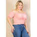Plus size casual ruched puff sleeve ribbed knit solid top