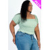 Plus size casual ruched puff sleeve ribbed knit solid top