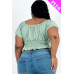 Plus size casual ruched puff sleeve ribbed knit solid top