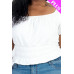 Plus size casual ruched puff sleeve ribbed knit solid top