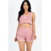 Casual French Terry Sleeveless Button Front Contrast Trim Cropped Tank Top And Shorts Set