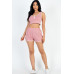 Casual French Terry Sleeveless Button Front Contrast Trim Cropped Tank Top And Shorts Set