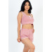 Casual French Terry Sleeveless Button Front Contrast Trim Cropped Tank Top And Shorts Set