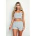 Casual French Terry Sleeveless Button Front Contrast Trim Cropped Tank Top And Shorts Set