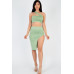 Sexy Solid One Shoulder Crop Top & Split Thigh Midi Skirt Set