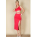 Sexy Solid Color One Shoulder Crop Top & Drawstring Ruched Crisscross Tie Back Side Slit Hem Skirt Set
