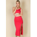 Sexy Solid Color One Shoulder Crop Top & Drawstring Ruched Crisscross Tie Back Side Slit Hem Skirt Set
