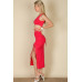 Sexy Solid Color One Shoulder Crop Top & Drawstring Ruched Crisscross Tie Back Side Slit Hem Skirt Set
